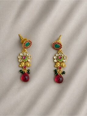 Traditional Gold Tone Statement Earrings with Ruby & Emerald Accents